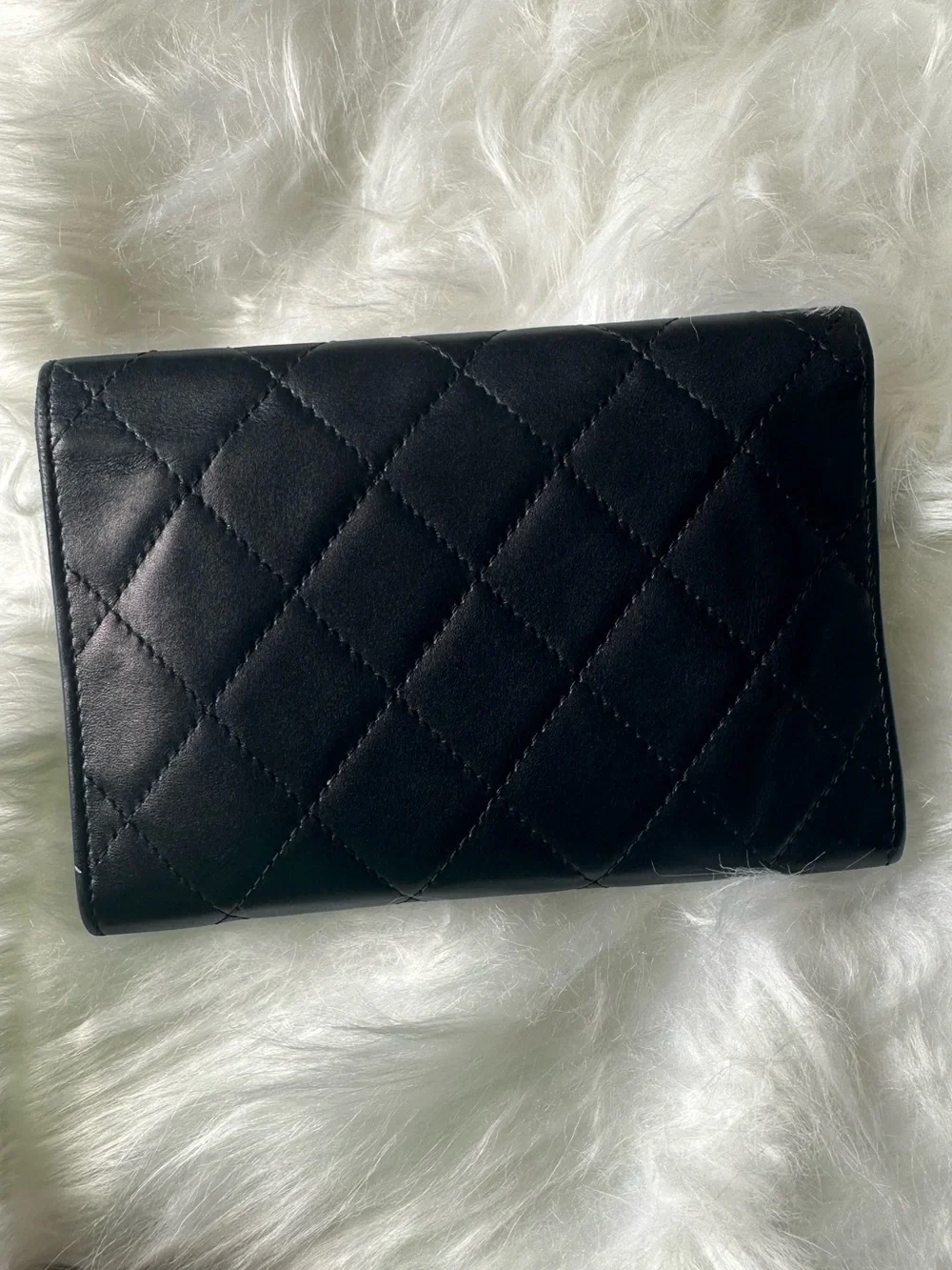 CHANEL Cambon Ligne Black Lambskin Long Wallet White CC Pink Interior